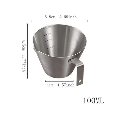 Stainless steel measuring cup with dimensions on a white background